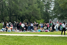 Group of Pro-Palestinian protestors at USF on April 30, 2024 University of South Florida April 30th Pro-Palestinian Protests.png