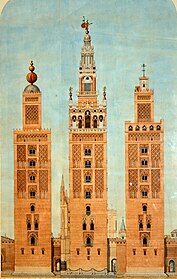 De Giralda en zijn verschijningsvormen: Almohad (links), middeleeuws (rechts), en renaissance (midden)