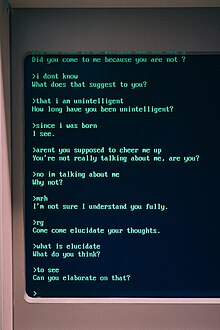 A conversation between a human and ELIZA's DOCTOR script Video Game Museum in Berlin (44129332940).jpg