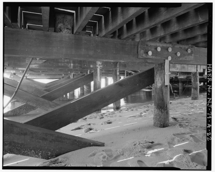 File:View south, wharf B, timber framing, detail of cross bracing, recent galvanized straps, bolts and washers - U.S. Coast Guard Sandy Hook Station, Western Docking Structure, West HAER NJ,13-HIGH,1A-22.tif