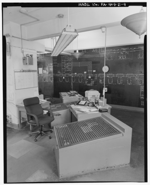 File:View southwest operator's console and button boards within the periphery of the load dispatch model board. - Thirtieth Street Station, Load Dispatch Center, Thirtieth and HAER PA,51-PHILA,712B-4.tif