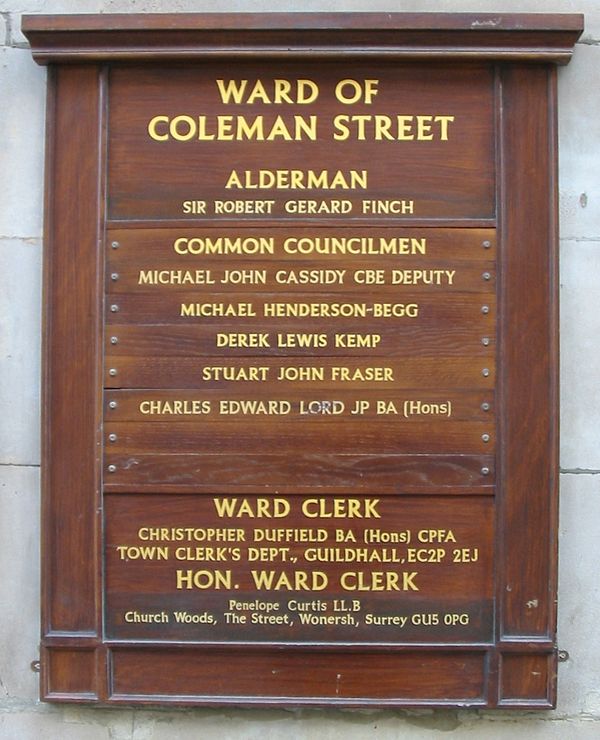 A wooden notice board (each ward has at least one) displaying the Alderman, the Common Councilmen (one of whom is the Alderman's Deputy), and the cler