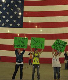 Some of Clinton's Gen Y (millennial) female supporters at a campaign rally. South Hall, San Jose, California, February 1, 2008 Youth Vote Hillary Clinton Feb 2008 082.JPG