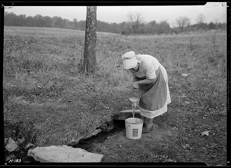 File:"Mrs. Wallace dipping water from spring on farm near Norris townsite recently purchased by the TVA for experimental... - NARA - 532800.jpg