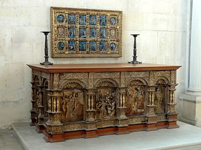 Chapel altarpiece of gilded carved wood and panel of painted enamel biblical scenes by Léonard Limosin