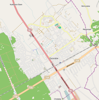 Mapa konturowa Żyrardowa, w centrum znajduje się punkt z opisem „Kościół Matki Bożej Pocieszenia w Żyrardowie”