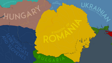 The Carpatho-Danubian-Pontic Space on 22 January 1920 AD, after the Romanian advance into Transylvania halted where a second demarcation line would be drawn 6 days later. Romanian territorial claims are outlined in Yellow. 1919.1.22REGAT.png