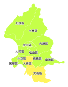 Mayoral result according to districts
Won by Chen Shui-bian
Won by Jaw Shaw-kong 1994 Taipei Mayoral Election.PNG