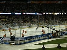 The Kings hosted the Anaheim Ducks at Dodger Stadium as a part of the 2014 NHL Stadium Series. 2014 NHL Stadium Series Doger Stadium (12154100663).jpg