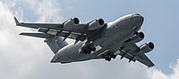 A US Air Force C-17 Globemaster III, tail 00-0171, on final approach to Kadena Air Base in Okinawa, Japan. It is assigned to the 176th Wing of the Alaska Air National Guard, and is originally from Joint Base Elmendorf–Richardson in Anchorage, Alaska.