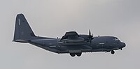 A US Air Force MC-130J Commando II, tail number 10-5714, on final approach at Kadena Air Base in Okinawa, Japan. It is assigned to the 1st Special Operations Squadron at Kadena AB.