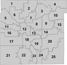 Map of Indianapolis City-County Council electoral districts since 2023 2023 ICCC Overview.svg