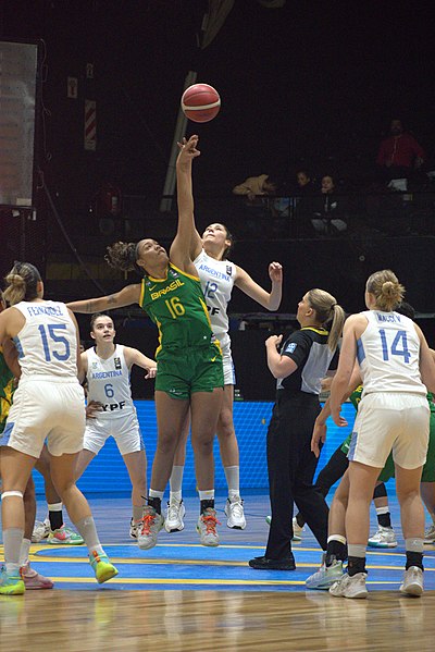 Initial jump at the match for the 3rd place in the FIBA Under-18 Women's Americas Championship Buenos Aires 2022 between Argentina and Brazil.