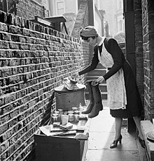 A British housewife puts out items for salvage during 1942. D7560.jpg