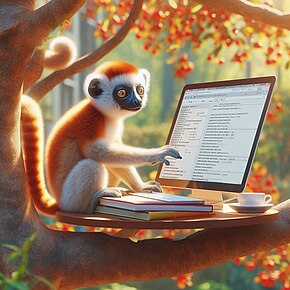 AI-generated image of a Coquerel's sifaka, a white, brown, and black lemur, sitting in a tree editing Wikipedia on a computer
