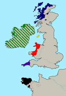 A map of the modern distribution of the Celtic languages. Red: Welsh; Purple: Cornish; Black: Breton; Green: Irish; Blue: Scottish Gaelic: Yellow: Manx. Areas where languages overlap are shown in stripes. A map of the distribution of the Celtic languages.svg