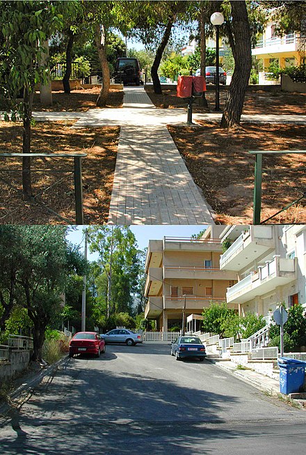 One of several short, narrow, connected cul-de-sac streets in Athens, Greece. The photos show the street (below) and the connecting footpath to the corresponding street (above)