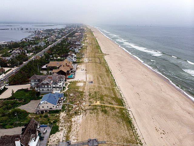 Mantoloking, New Jersey rests on the barrier island of Barnegat Bay. Note how the barrier island shields the inland Barnegat Bay (left) from the more 