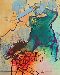 Le Sacrifice d'Isaac (1997), eau-forte coloriée à la main par Adi Holzer, interprétation contemporaine d'un célèbre épisode biblique maintes fois représenté en peinture. (définition réelle 2 739 × 3 417)