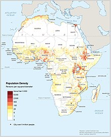 Map showing the population density of Africa in 2019 Africa population density, 2019.jpg