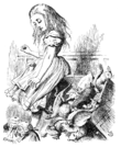 Bokkunst omfatter ikke minst illustrasjonskunst. Bildene viser en av John Tenniels originaltegninger til Lewis Carrolls klassiske Alice i Eventyrland fra 1865 og en manuell gravering (kobberstikk) av motivet, en vanlig teknikk på 1800-tallet for å reprodusere tegninger.