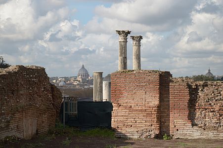 File:Ancient ruins and dome of St. Peter seen from Palatino hill