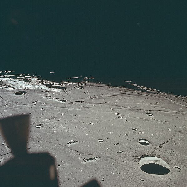 A view of the Apollo 11 landing site at center, facing west, with Maskelyne crater in right foreground