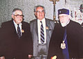 Baghdasar Arzoumanian and Varazdat Harutyunyan after receiving St. Gregory the Illuminator Medal from Karekin I, Catholicos of All Armenians