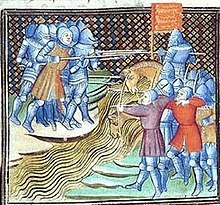 Uma imagem medieval colorida de cavaleiros e arqueiros em combate corpo a corpo