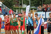 Deutsch: Beachhandball Europameisterschaften 2019 (Beach handball Euro); Tag 6: 7. Juli 2019 – Spiel um Platz Drei, Männer, Ungarn-Russland 2:0 (26:20, 23:22) English: Beach handball Euro; Day 6: 7 July 2019 – Men's Bronze Medal Match – Hungary-Russia 2:0 (26:20, 23:22)