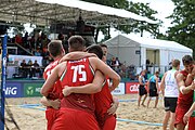 Deutsch: Beachhandball Europameisterschaften 2019 (Beach handball Euro); Tag 6: 7. Juli 2019 – Spiel um Platz Drei, Männer, Ungarn-Russland 2:0 (26:20, 23:22) English: Beach handball Euro; Day 6: 7 July 2019 – Men's Bronze Medal Match – Hungary-Russia 2:0 (26:20, 23:22)