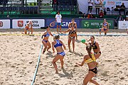 Deutsch: Beachhandball Europameisterschaften 2019 (Beach handball Euro); Tag 2: 3. Juli 2019 – Frauen, Vorrunde Gruppe C, Spanien-Griechenland 2:1 (12:20, 18:16; 8:2) English: Beach handball Euro; Day 2: 3 July 2019 – Women Preliminary Round Group C – Spain-Greece 2:1 (12:20, 18:16; 8:2)