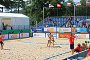 Deutsch: Beachhandball Europameisterschaften 2019 (Beach handball Euro); Tag 2: 3. Juli 2019 – Frauen, Vorrunde Gruppe C, Spanien-Griechenland 2:1 (12:20, 18:16; 8:2) English: Beach handball Euro; Day 2: 3 July 2019 – Women Preliminary Round Group C – Spain-Greece 2:1 (12:20, 18:16; 8:2)