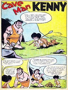 3 panels, a brawny man standing to the left and a child to the right on the grass in front of a cave. The man is holding a hammer in his right hand and has only 2 teeth visible, the child a spear and dragging a cat behind him, and both are dressed in wraps around their waist with a strap around one shoulder. The man says, "Well, son, you did very well on your first hunting trip...now you get your second lesson in surviving!" The child says, "Me got food, what else do me have to do?" to which the man responds, "You got to learn to start fire and cook food!" The third panel shows the child looking at a small tipi pyre, the man walks away and says, "There is wood, now you light! I can't tell how—you must find out for yourself!" and the child says to himself, "Jumping mammoths. Me gotta figure out all alone! I know, will use flint stone to make sparks!"