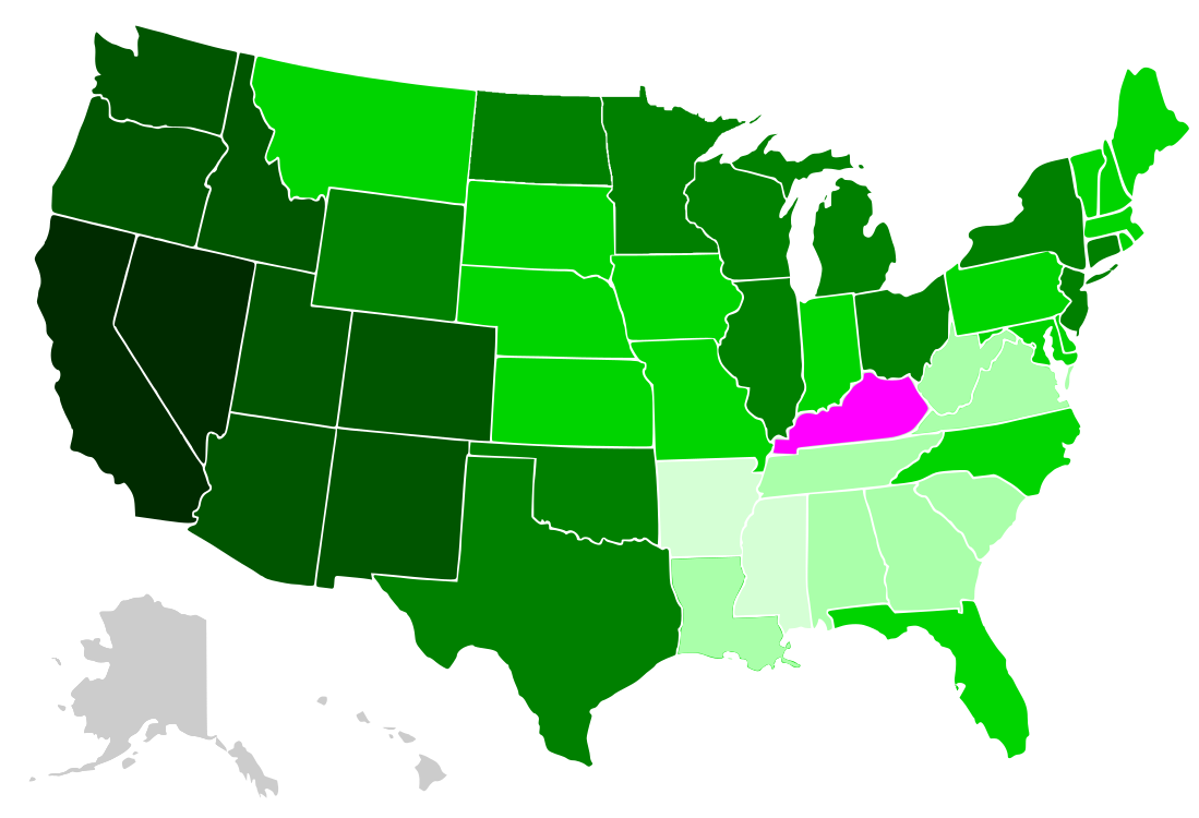 A map showing the change in the total Black population (in percent) between 1900 and 1990 by U.S. state.Light purple = Population declineVery light green = Population growth of 0.1–9.9%Light green = Population growth of 10.0–99.9%Green = Population growth of 100.0–999.9%Dark green = Population growth of 1,000.0–9,999.9%Very dark green (or Black) = Population growth of 10,000.0% or moreGray = No data available