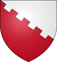 The Boyle family, whose titles include the Earl of Cork, bears the arms Per bend embattled argent and gules Boyle arms.svg