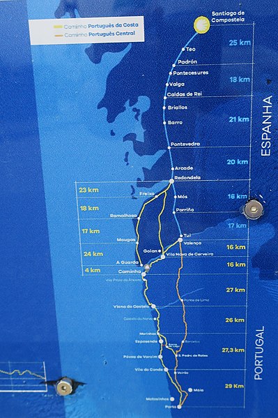 Historical Portuguese Way of Saint James from Porto to Compostela, including the Coastal way, the Central Way and the Coastal derivation from Rates Mo