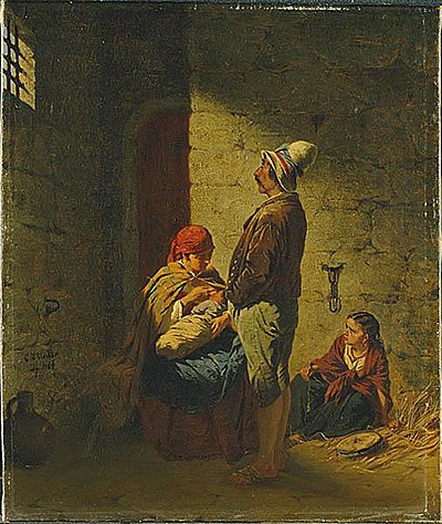 Gypsy Family in Prison, 1864 painting by Carl d'Unker, a Swedish painter living and working in Dusseldorf. An actual imprisoned family served as the models. The reason for their imprisonment remains unknown Carl d'Unker-Gipsy Family in Prison.jpg