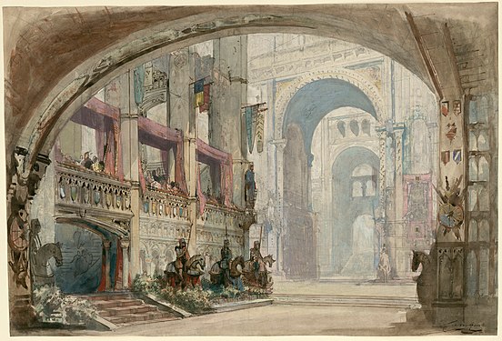 Set design for Gioachino Rossini's Robert Bruce, Act III, Scene 3 (La draperie s'ouvre découvrant le rempart de la forteresse "The curtain opens on the ramparts of the fortress [Sterling Castle]") (restored and nominated by Adam Cuerden)