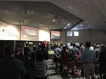 Worship service at Chauveau Evangelical Church in Quebec City. Chauveau Church worship service.jpg