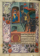 Christ before Pilate, and before Herod; angels in border (f. 54v).jpg