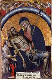 Simone de Filippo, Pietà et le donateur Giovanni de Elthini, 1368, peinture sur bois, musée Davi Bergellini, Bologne.