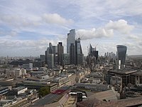 The City of London skyline as viewed from St Paul's Cathedral, October 2022. The tallest building shown here is 22 Bishopsgate at 278m, which topped out in 2019. Since its construction the famous "Gherkin" building is no longer visible from this angle. There are currently four towers in this cluster that are above 200m tall with two more approved to be constructed at 249m and 290m by 2026. Also shown in the far distance on the left is the emerging cluster in Stratford