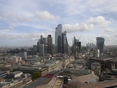 The City of London skyline as viewed from St Paul's Cathedral, October 2022. The tallest building shown here is 22 Bishopsgate at 278m, which topped out in 2019. Since its construction The Gherkin is no longer visible from this angle. There are currently four towers in this cluster that are above 200m tall with three more approved to be constructed, 1 Undershaft at 290m tall, 55 Bishopsgate at 269m tall, and 100 Leadenhall at 249m tall, by 2026. Also shown in the far distance on the left is the emerging cluster in Stratford