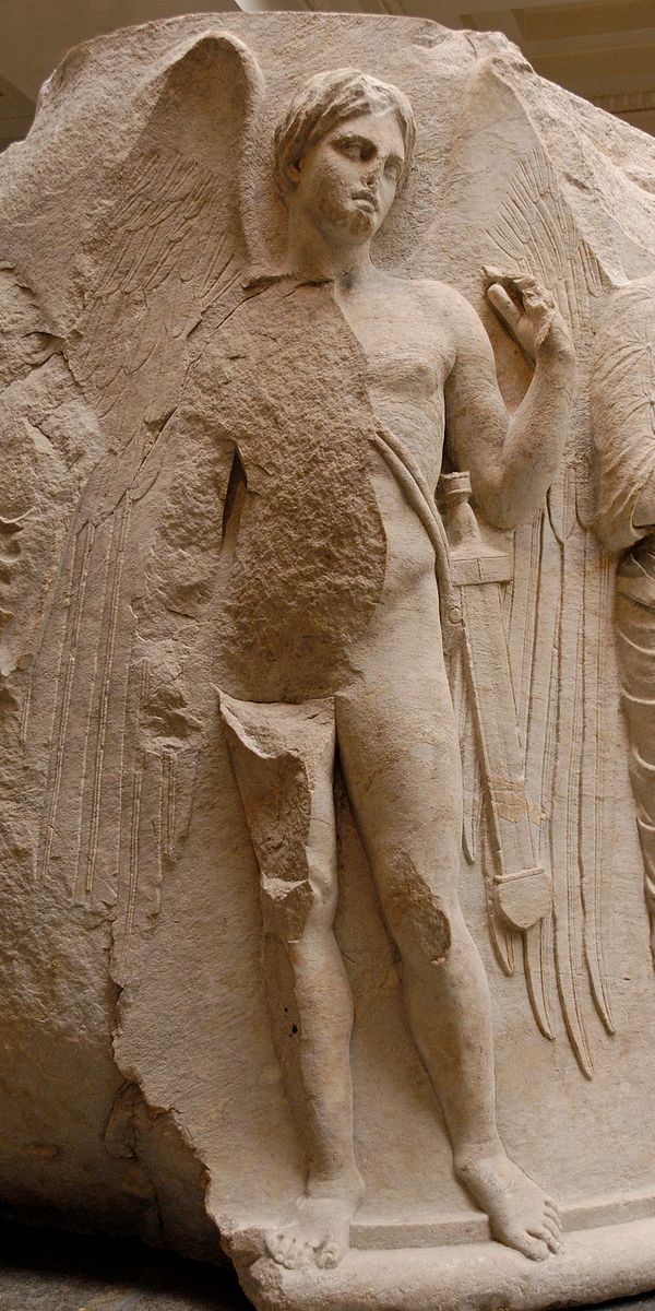 Thanatos as a winged and sword-girt youth. Sculptured marble column drum from the Temple of Artemis at Ephesos, c. 325–300 BC.