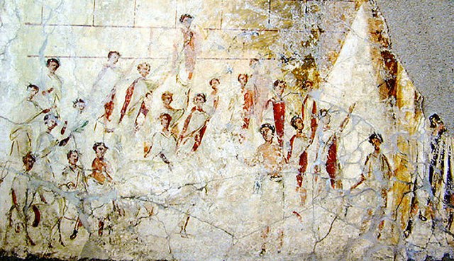 A fresco from a building near Pompeii, a rare depiction of Roman men in togae praetextae with dark red borders. It dates from the early Imperial Era a