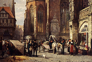 Scene on the old town market in Braunschweig, detail from a painting by Cornelis Springer, 19th century.