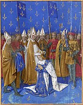Peinture montrant Charles VI agenouillé et priant, se faisant couronner, entouré d'évêques et de pages