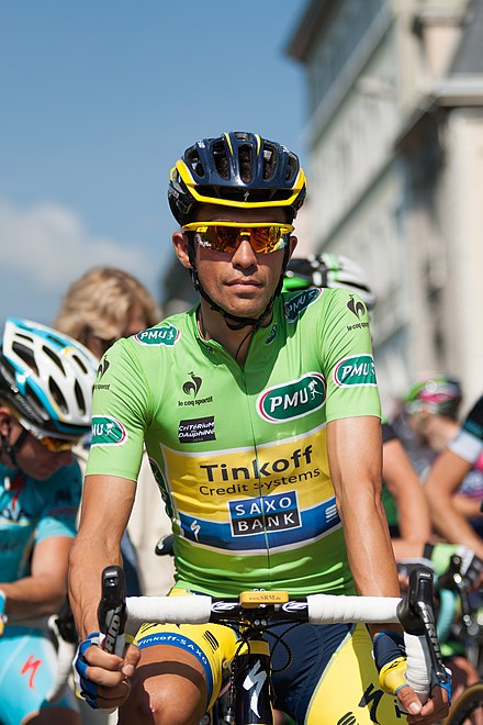 Contador avec le maillot vert lors du Critérium du Dauphiné 2014.