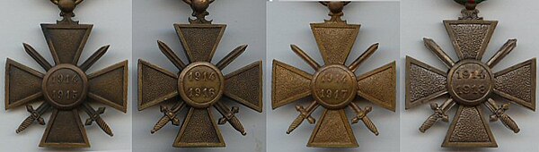 Reverse of the four variants of the World War I Croix de Guerre